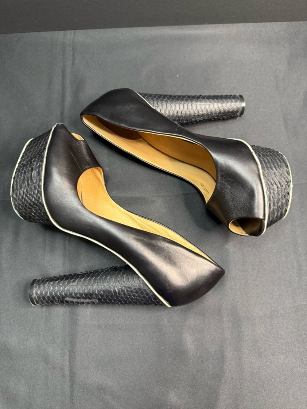 LAMB Black Leather Platform Snake Ultra High Heel Peep Toe Pump - Picture 5 of 12